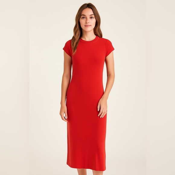 Free People FP Beach Red Midi T-Shirt Dress Short Sleeve Medium Made in USA - Picture 1 of 6